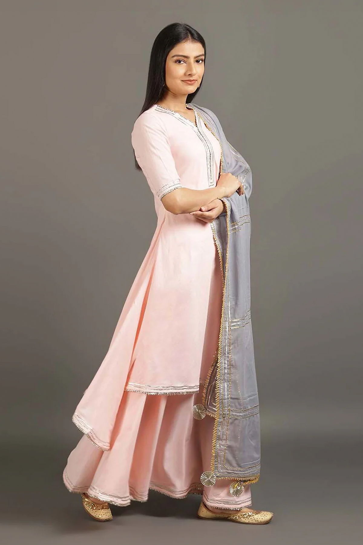 Pink Zara Double Layered Dress (Grey Dupatta)
