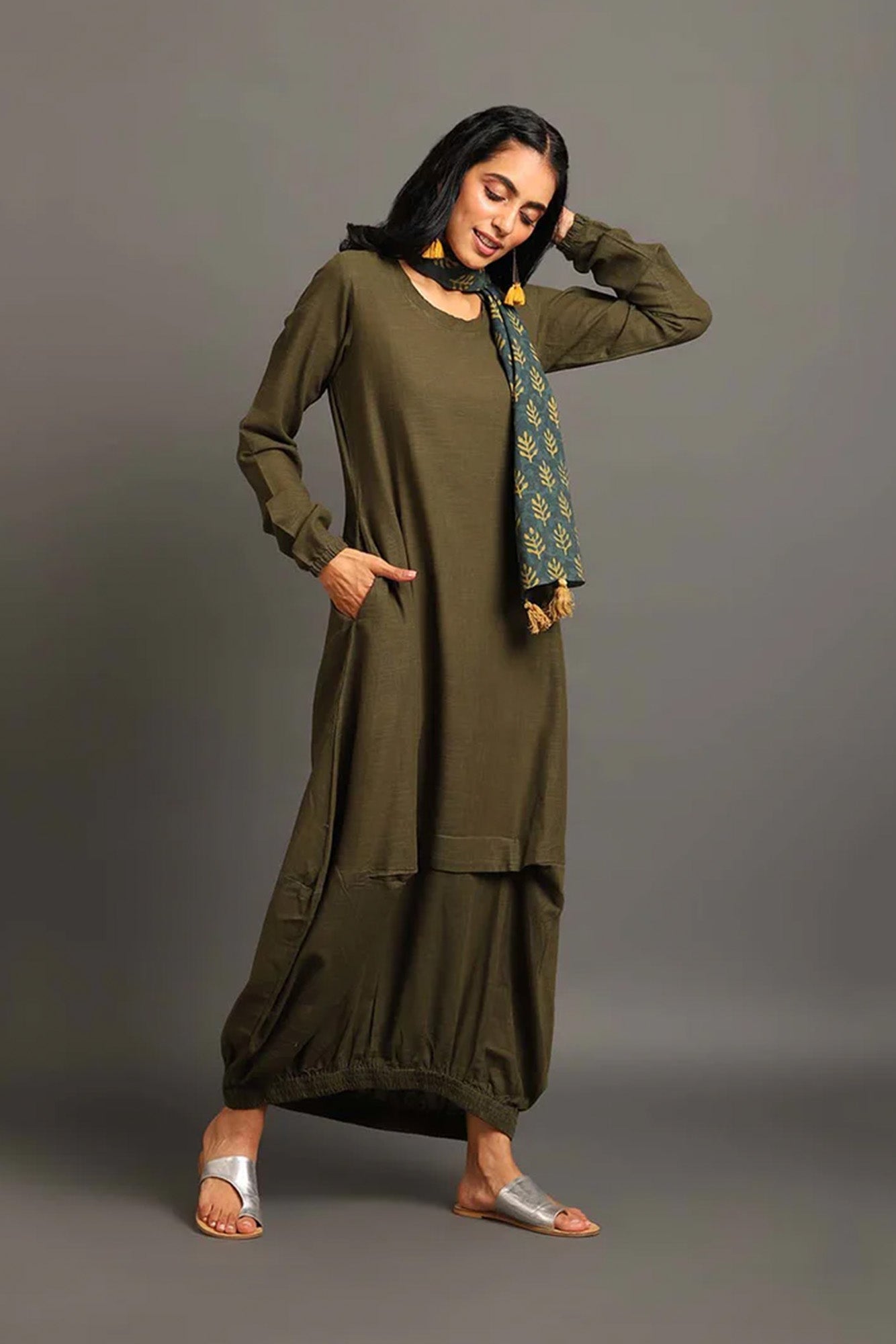 Army Green Boho Balloon Dress