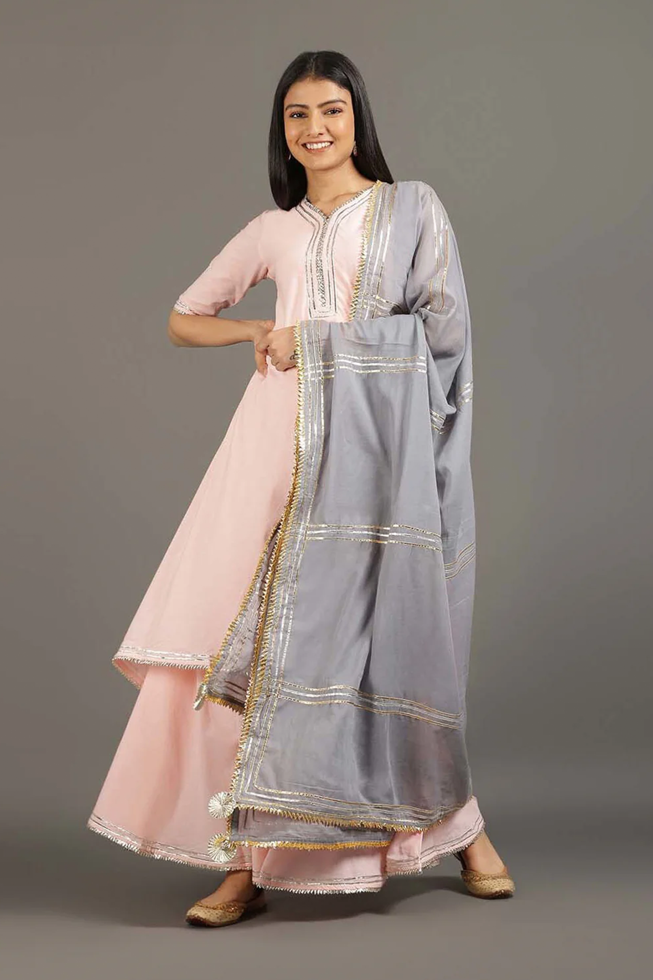 Pink Zara Double Layered Dress (Grey Dupatta)