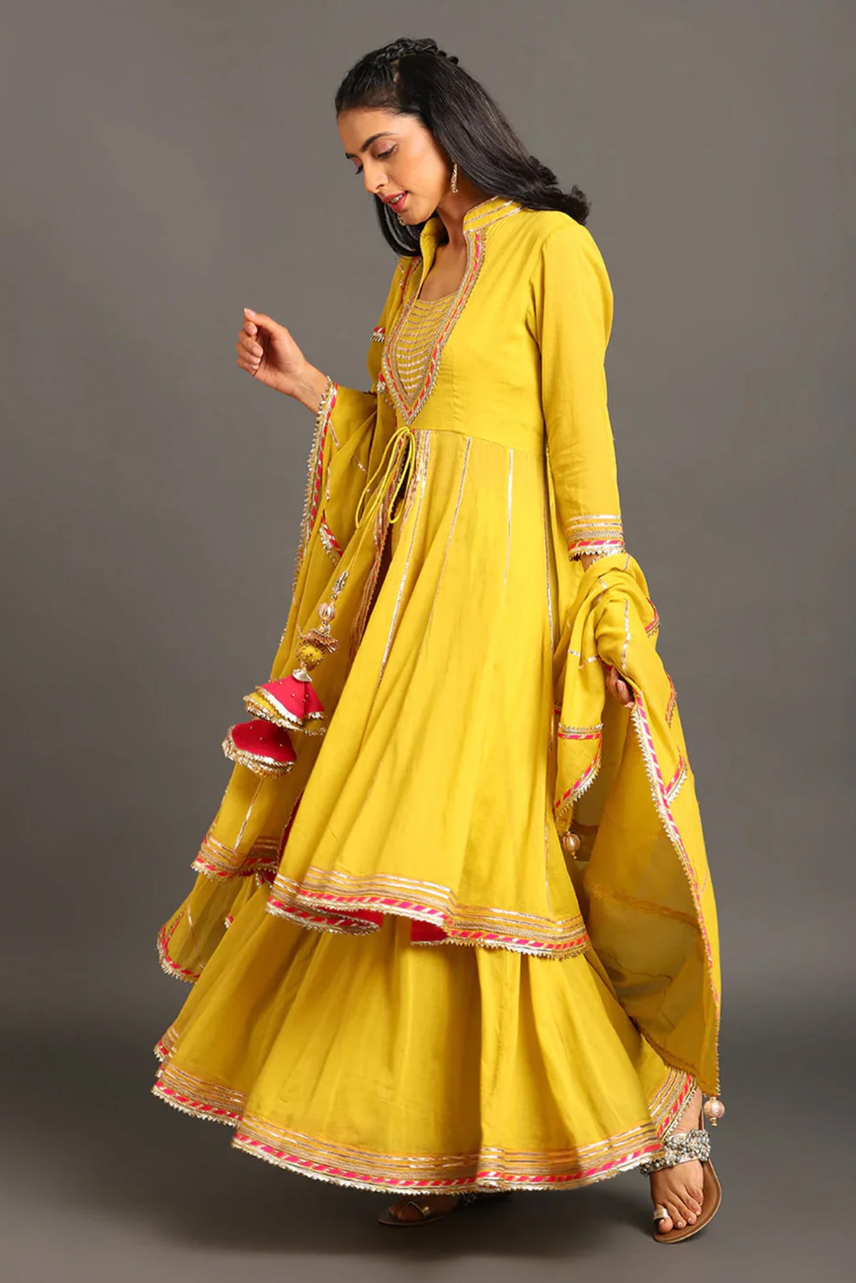 Yellow Jodha Anarkali Sharara Set