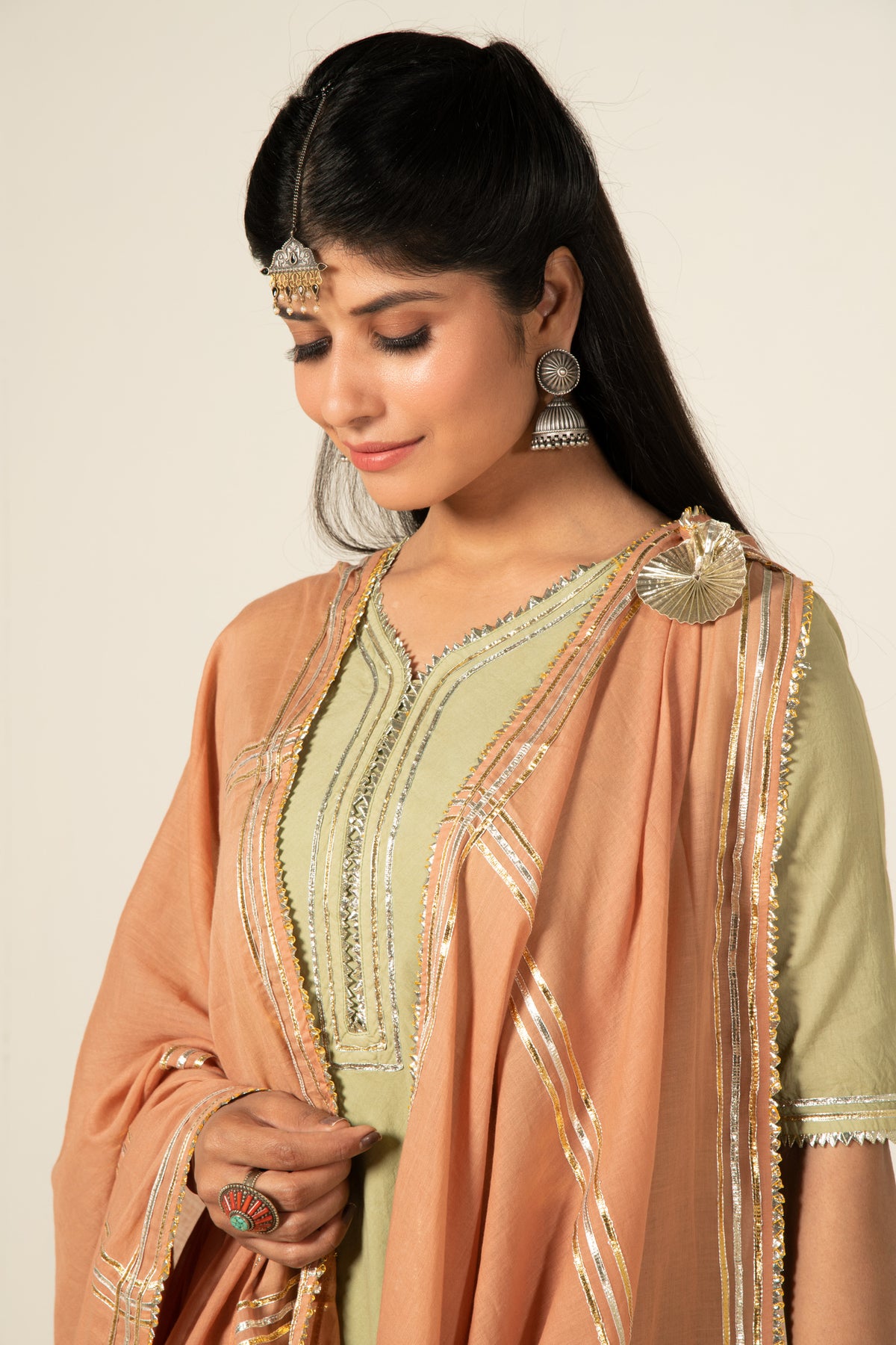 Pistachio Green Zara Double Layered Dress (Peach Dupatta)