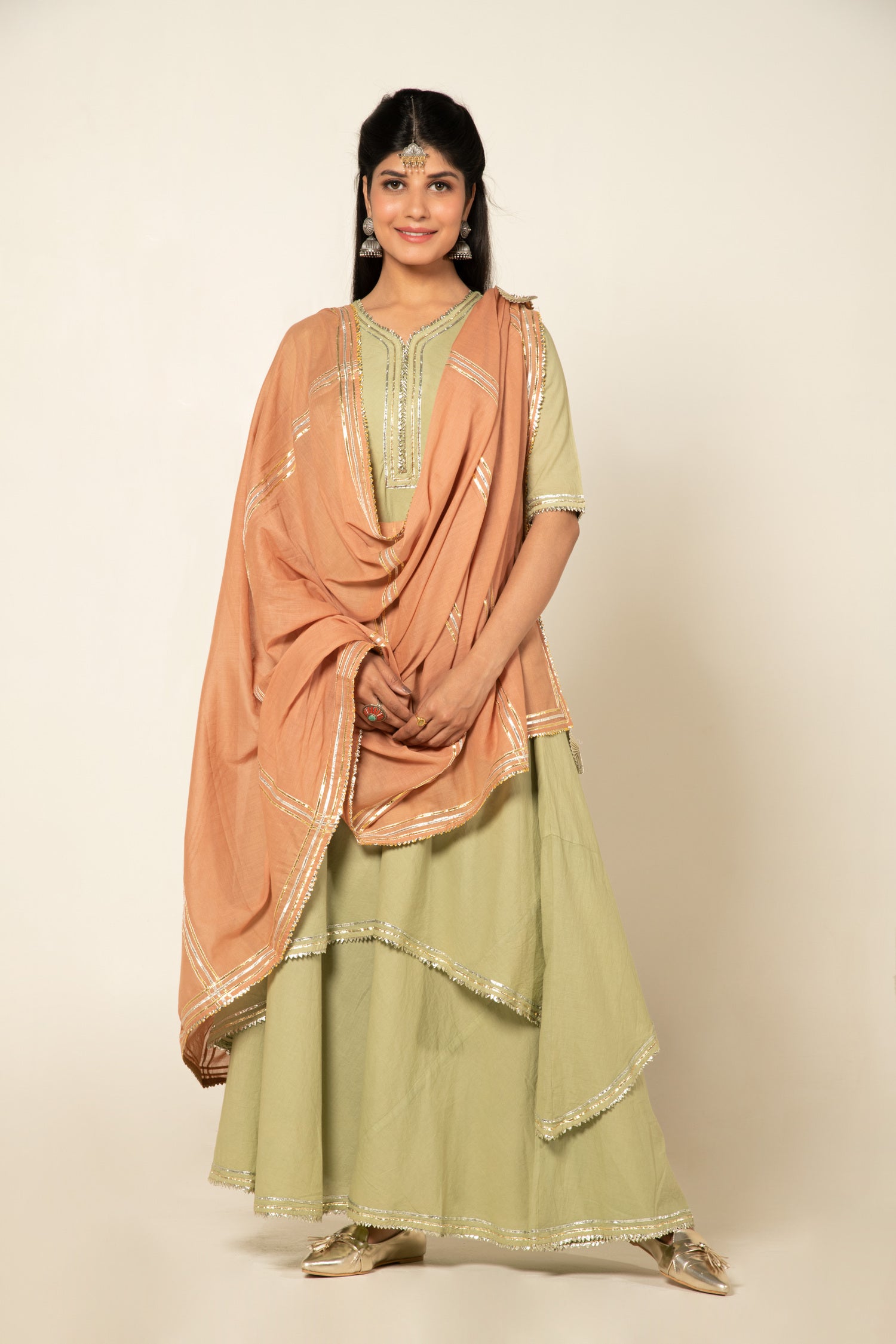 Pistachio Green Zara Double Layered Dress (Peach Dupatta)