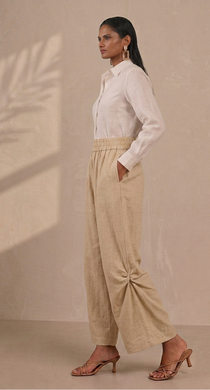 Beige Wide Leg Lantern Pants