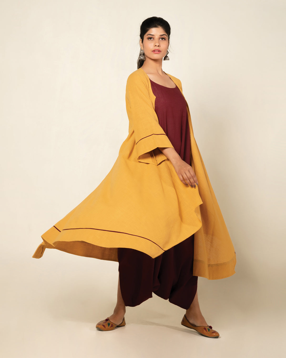 Yellow Maroon Sufi Saanjh Jumpsuit with Overlay