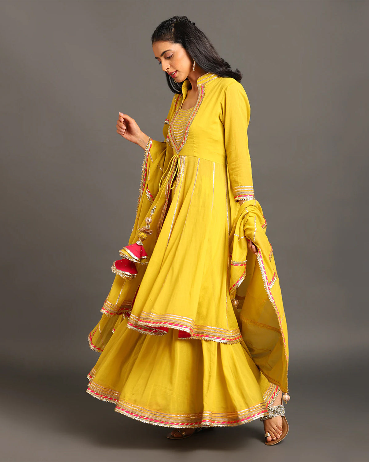 Lime Green Jodha Anarkali Kurta Sharara Set