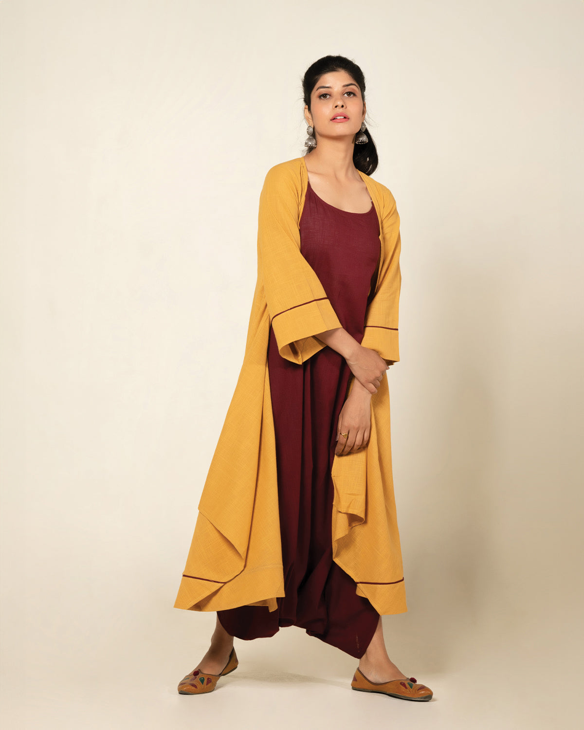 Yellow Maroon Sufi Saanjh Jumpsuit with Overlay