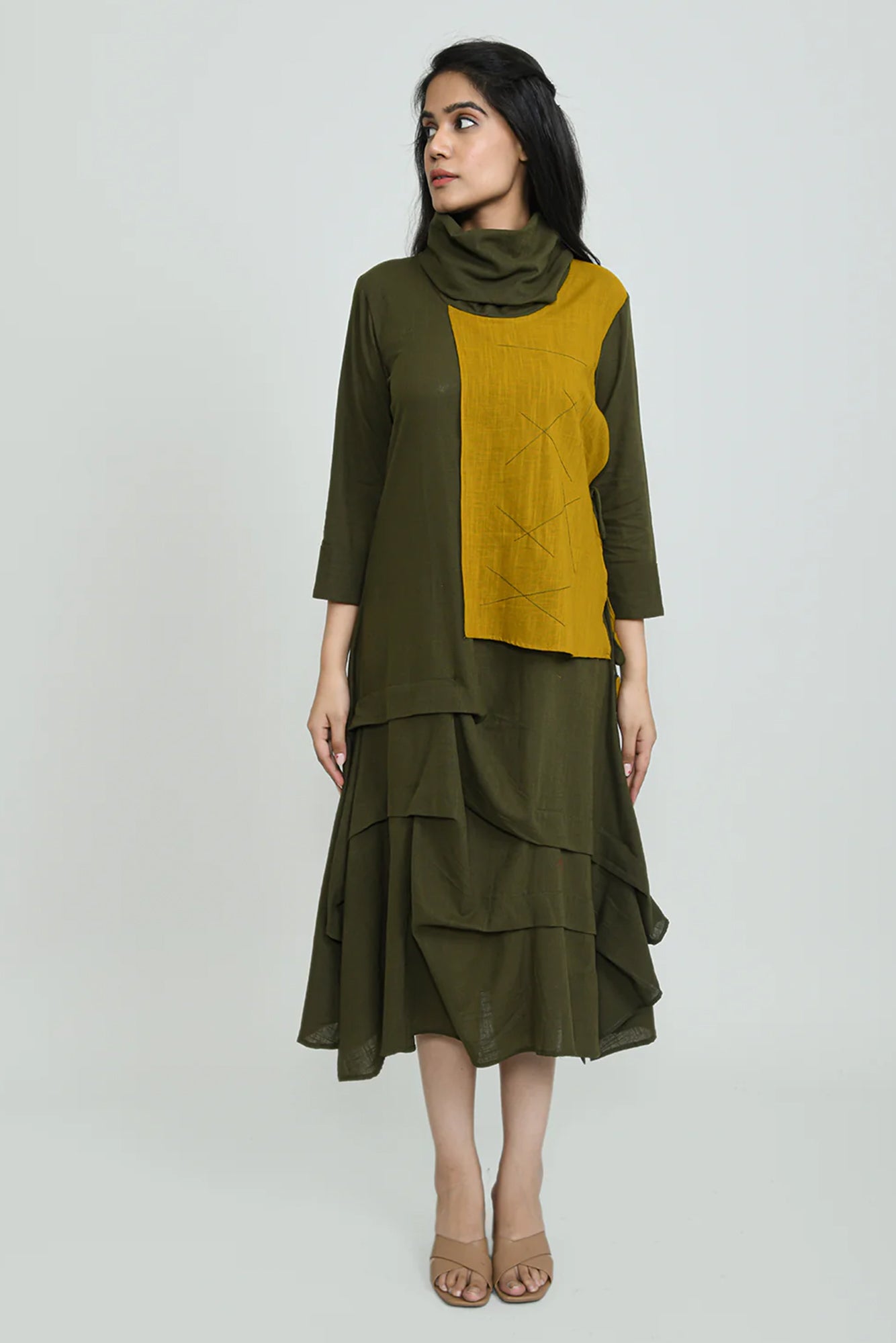 Green Cowl Ruched Dress