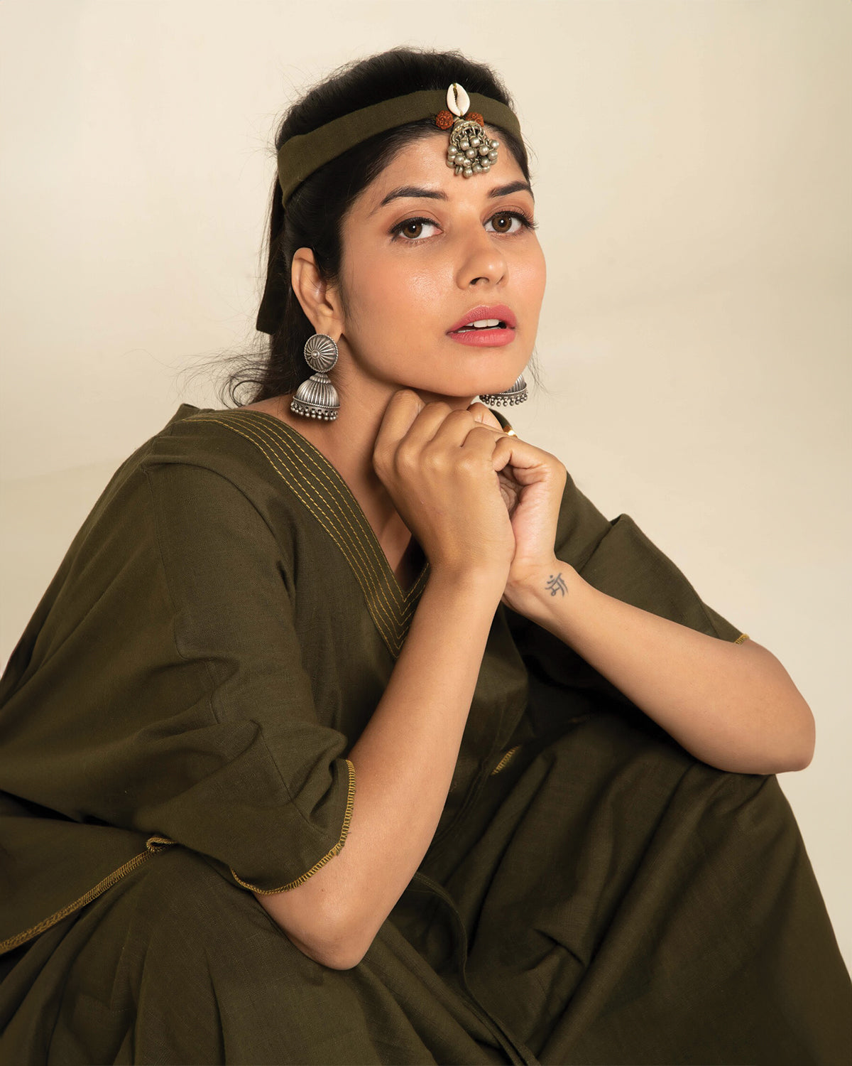 Army Green Sufi Asmi Boho Kaftan Dress