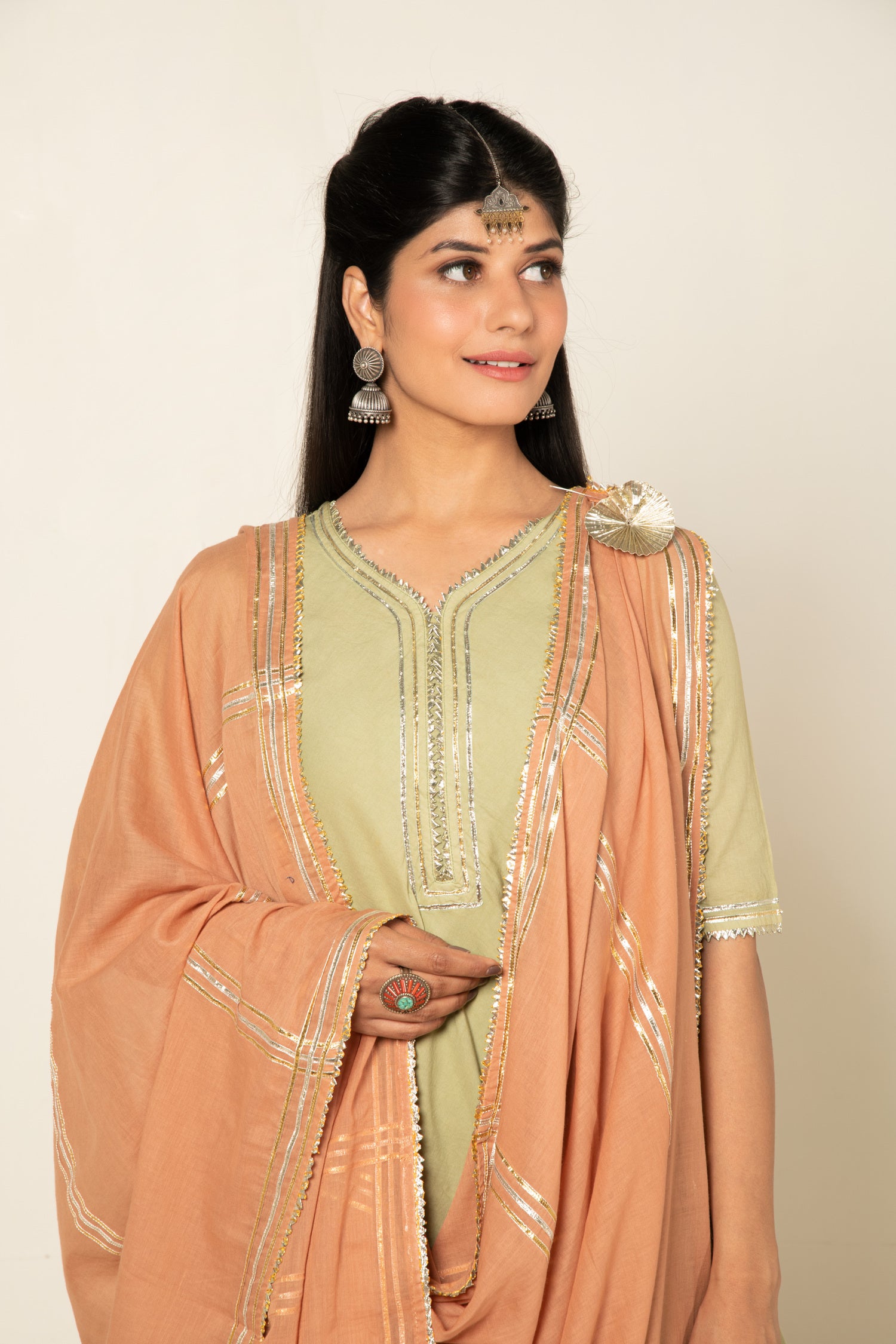 Pistachio Green Zara Double Layered Dress (Peach Dupatta)