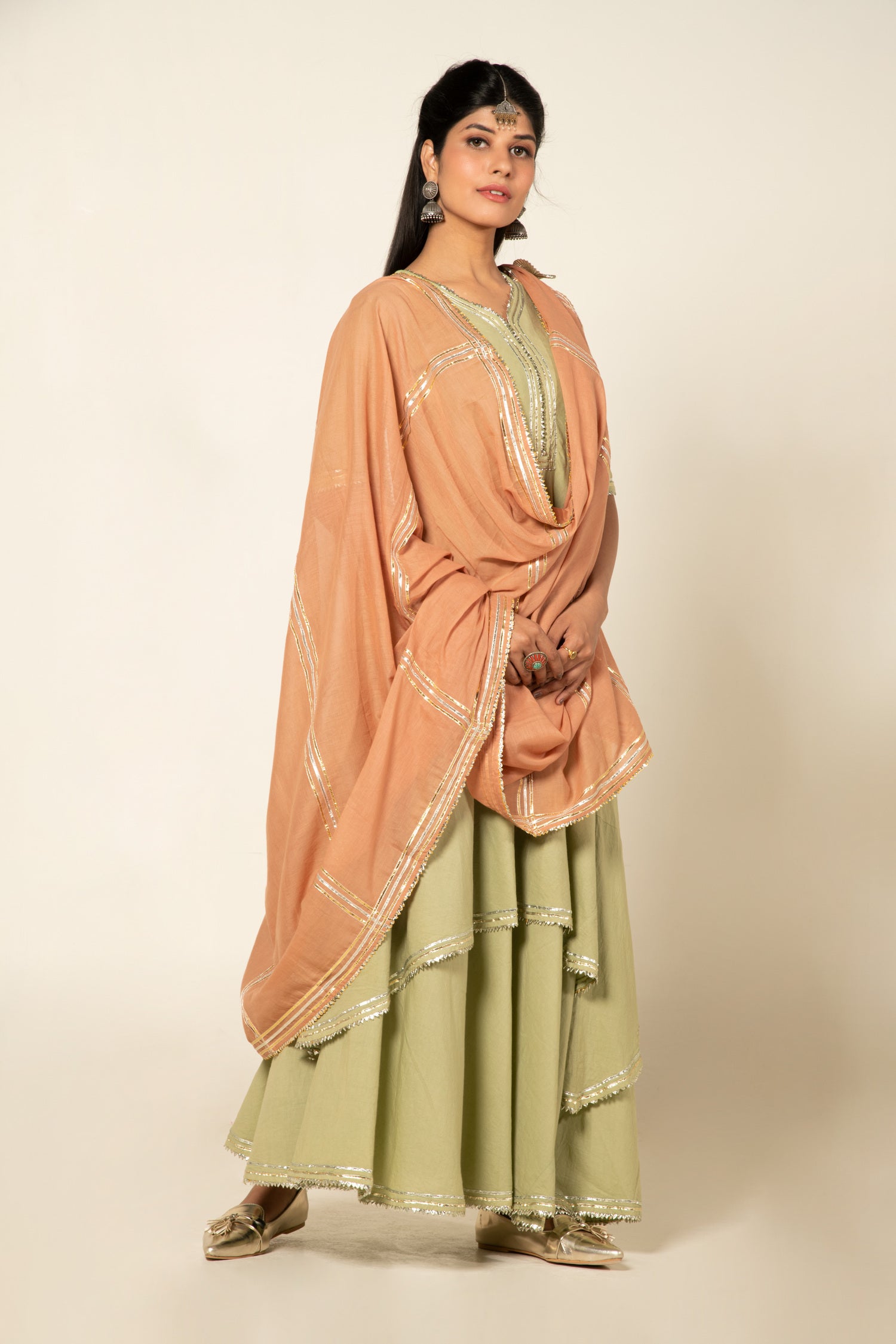 Pistachio Green Zara Double Layered Dress (Peach Dupatta)
