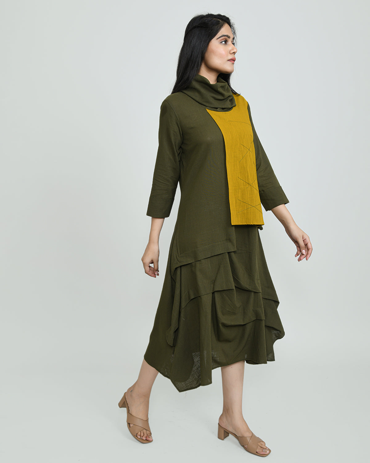 Green Cowl Ruched Dress