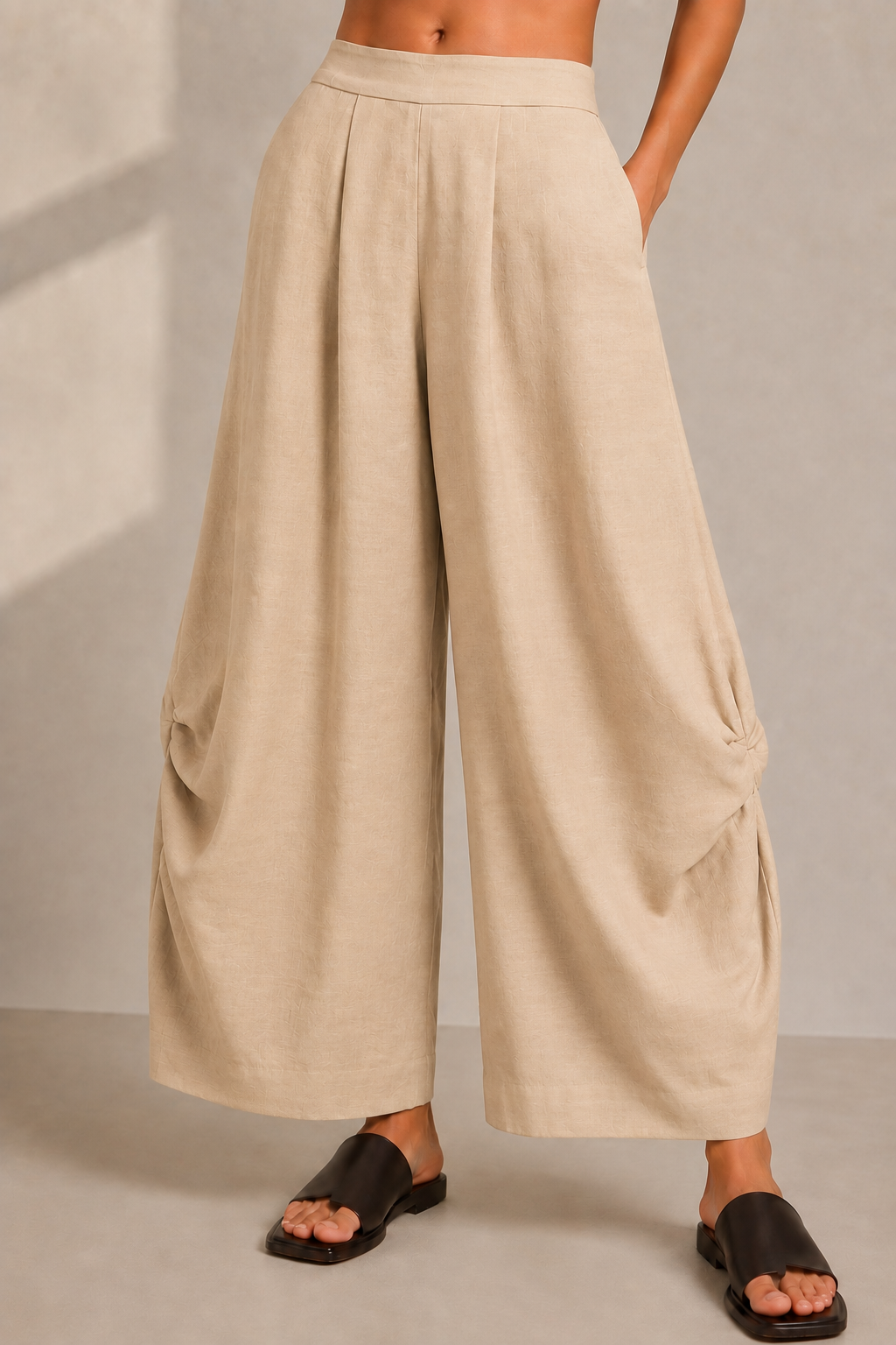 Beige Wide Leg Lantern Pants